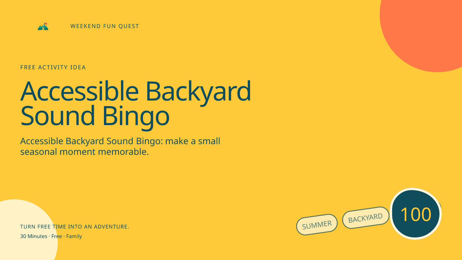 Wide Weekend Fun Quest illustration for accessible backyard sound bingo featuring play seated or standing sound bingo with a shaded spot and optional picture cards