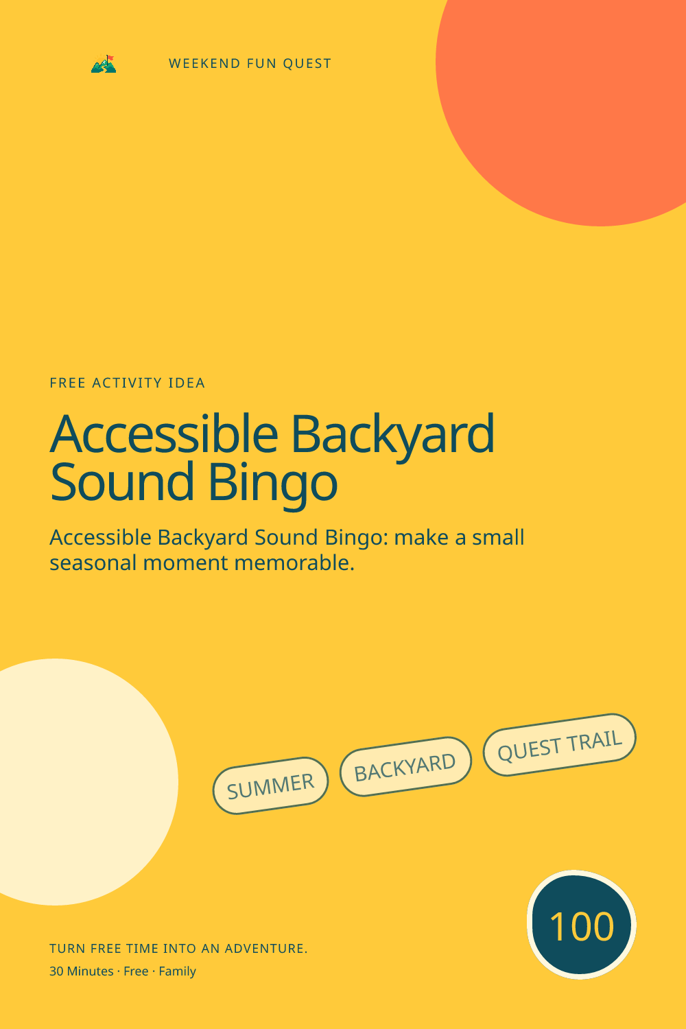 Vertical Pinterest illustration for accessible backyard sound bingo featuring play seated or standing sound bingo with a shaded spot and optional picture cards