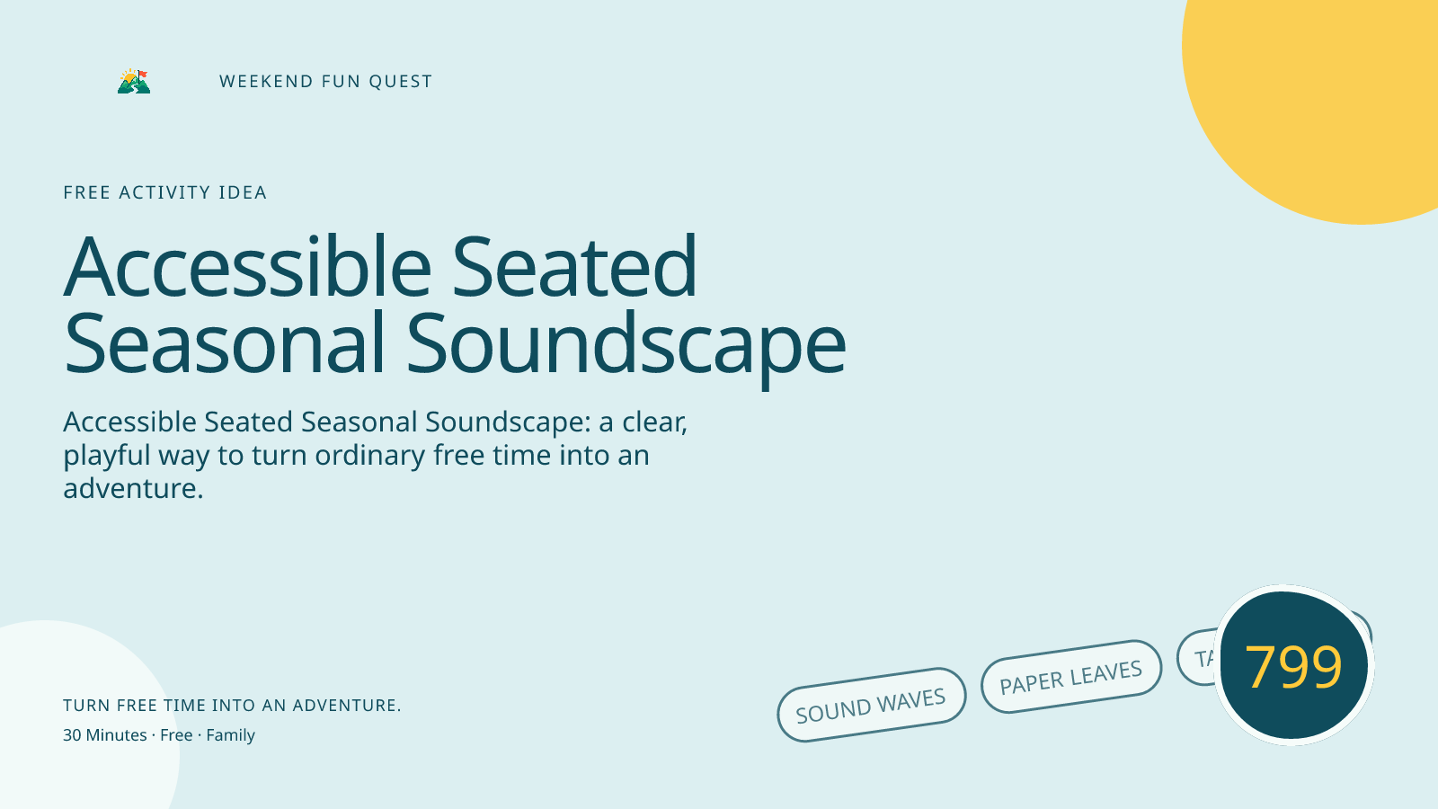 Wide hero Weekend Fun Quest illustration for accessible seated seasonal soundscape featuring sound waves, paper leaves, tabletop bell