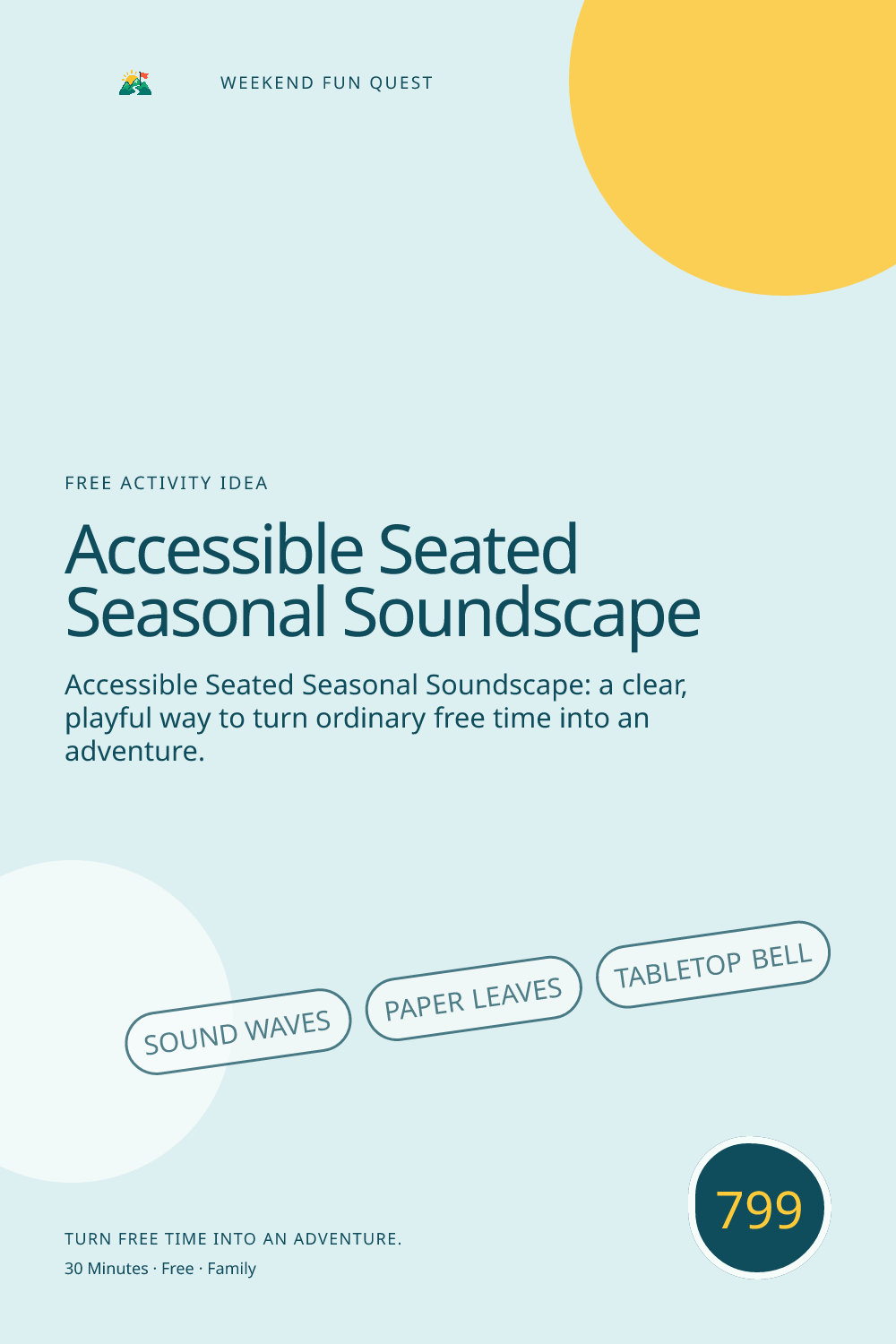 Vertical Pinterest Weekend Fun Quest illustration for accessible seated seasonal soundscape featuring sound waves, paper leaves, tabletop bell