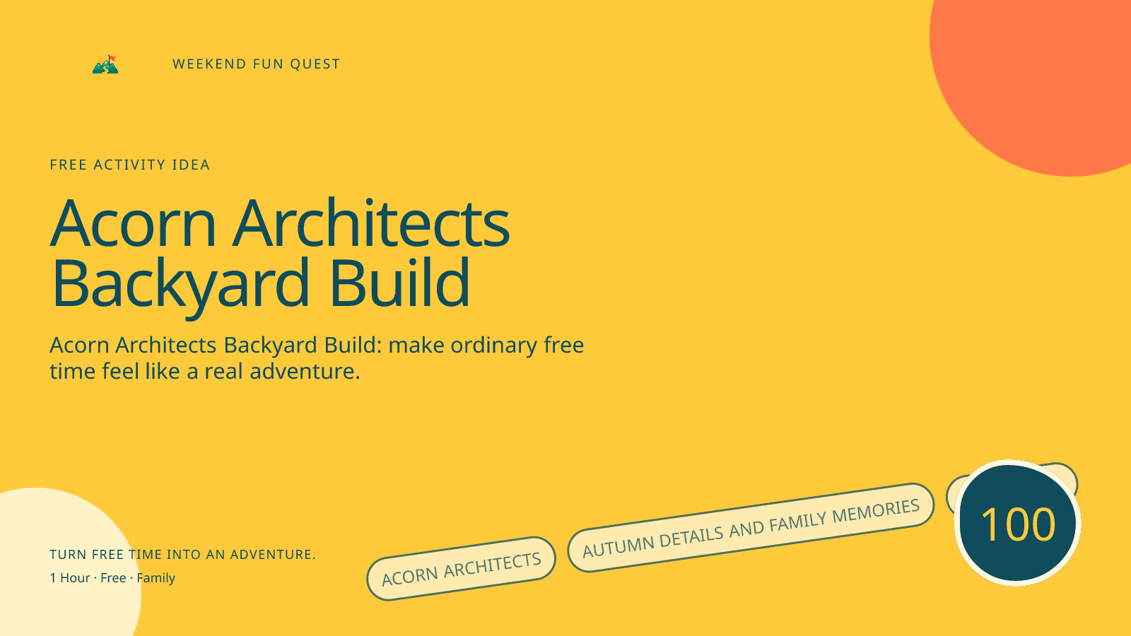 Wide Weekend Fun Quest illustration for acorn architects backyard build featuring autumn details and family memories