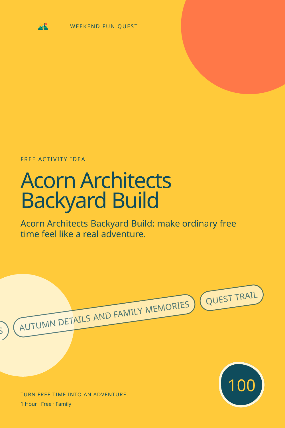Vertical Pinterest activity illustration for acorn architects backyard build featuring autumn details and family memories