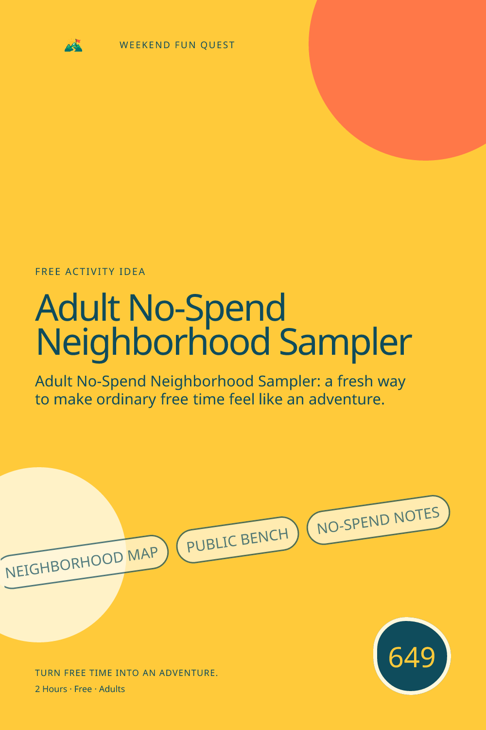 Vertical Pinterest Weekend Fun Quest illustration for adult no-spend neighborhood sampler featuring neighborhood map, public bench, no-spend notes