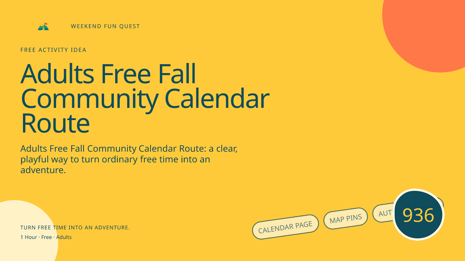 Wide hero for adults free fall community calendar route featuring calendar page, map pins, autumn banner