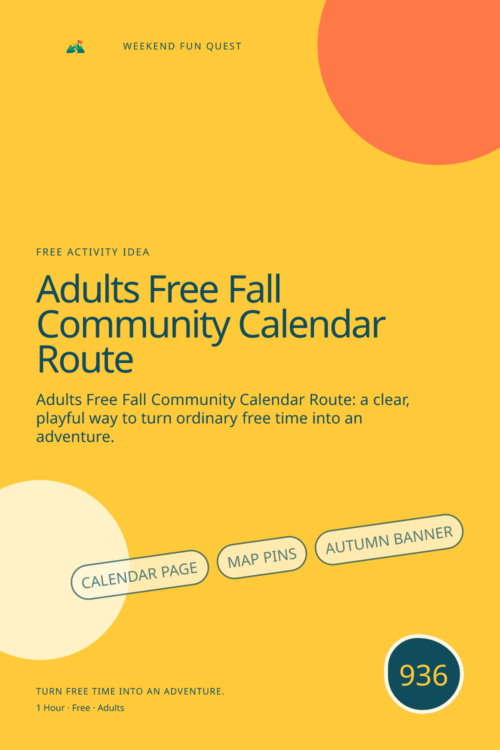 Vertical Pinterest for adults free fall community calendar route featuring calendar page, map pins, autumn banner