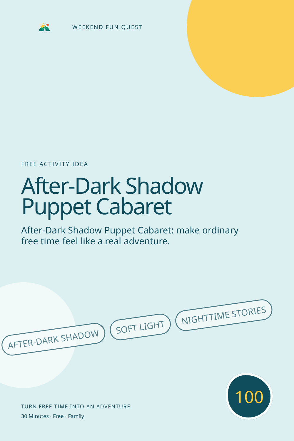 Vertical Pinterest activity illustration for after-dark shadow puppet cabaret featuring soft light, nighttime stories, and low-key wonder