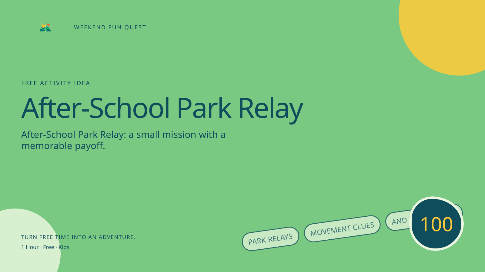 Wide Weekend Fun Quest illustration for after-school park relay featuring park relays, movement clues, and team cheers