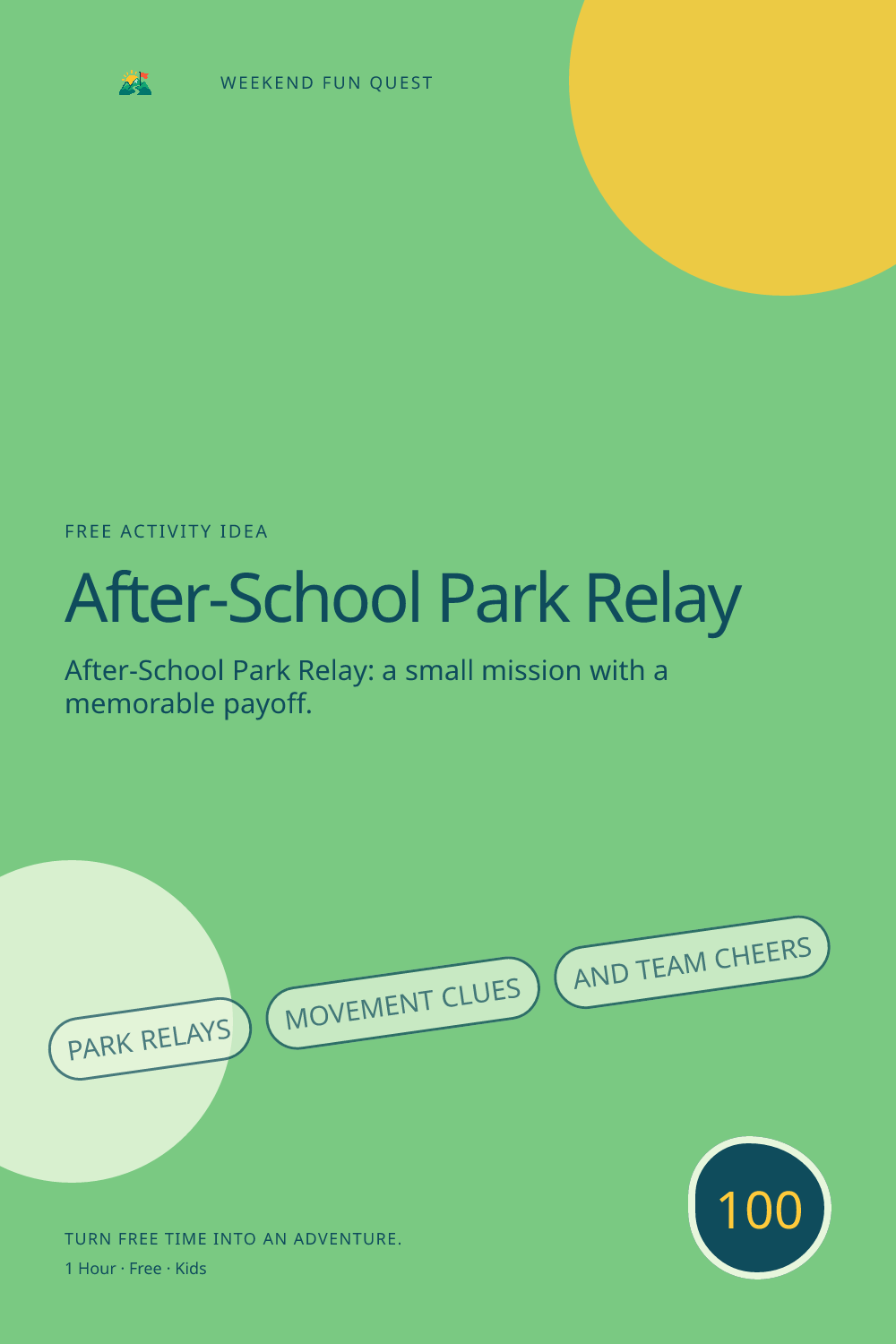Vertical Pinterest activity illustration for after-school park relay featuring park relays, movement clues, and team cheers