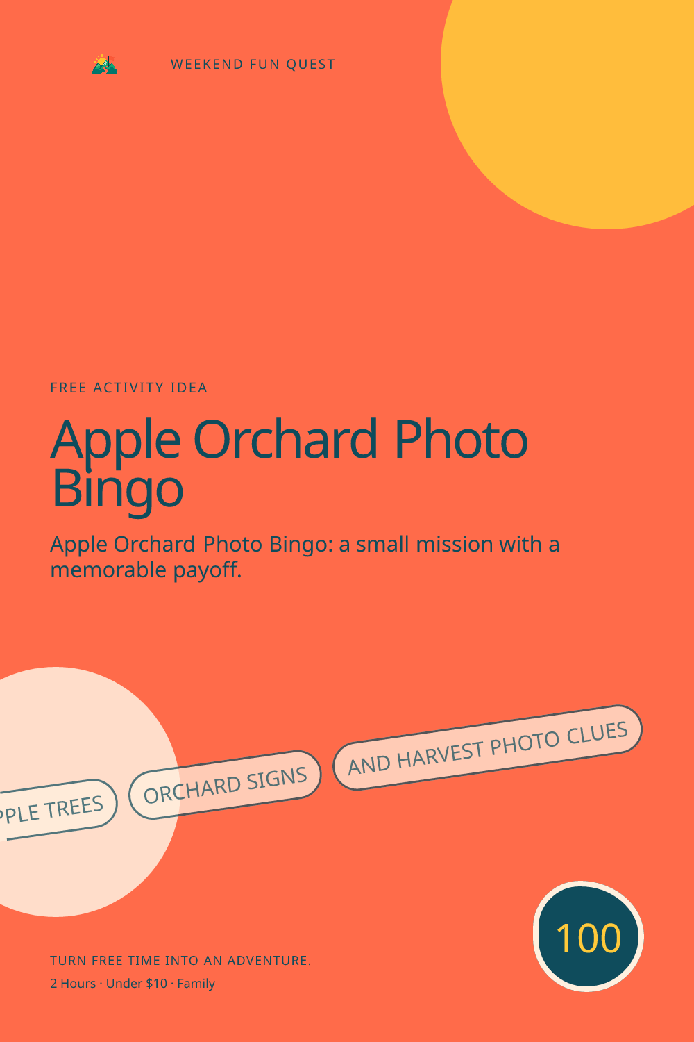 Vertical Pinterest activity illustration for apple orchard photo bingo featuring apple trees, orchard signs, and harvest photo clues