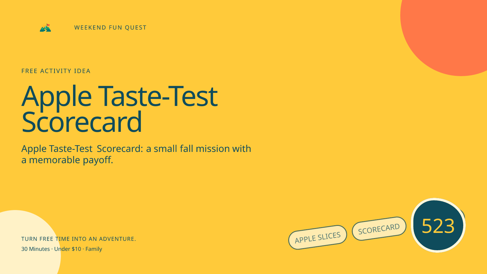 Wide Weekend Fun Quest illustration for apple taste-test scorecard featuring apple slices, scorecard, fall snack