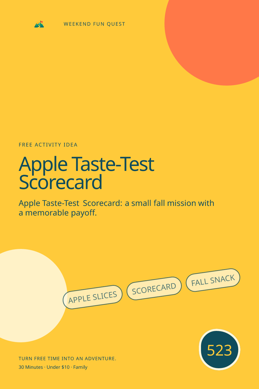 Vertical Pinterest Weekend Fun Quest illustration for apple taste-test scorecard featuring apple slices, scorecard, fall snack