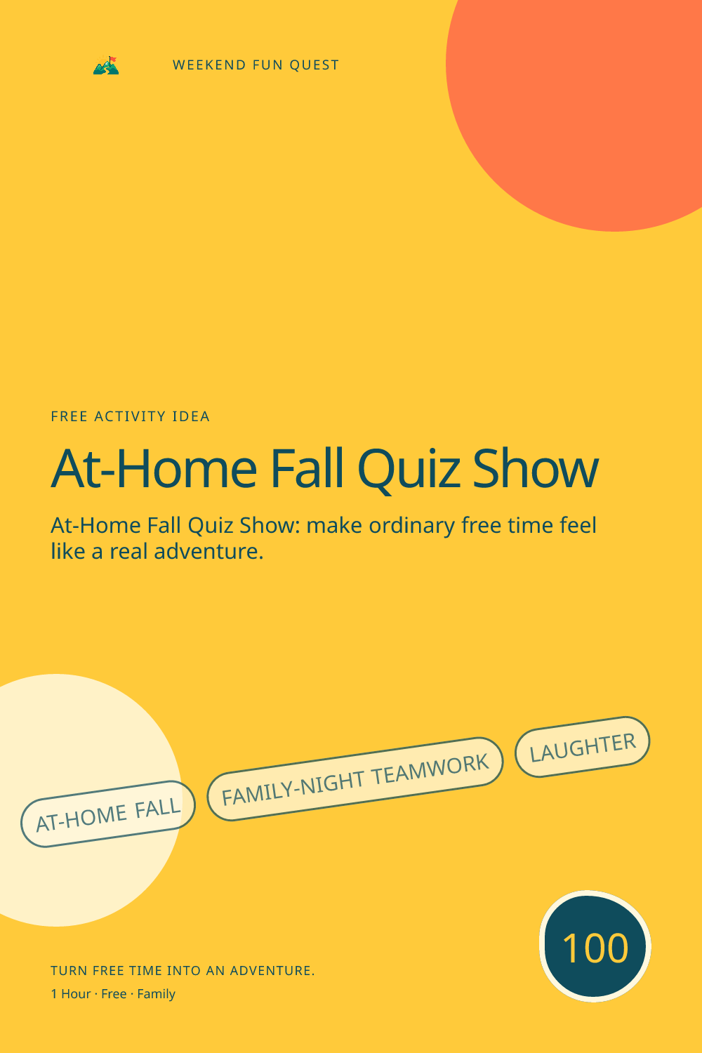 Vertical Pinterest activity illustration for at-home fall quiz show featuring family-night teamwork, laughter, and small rituals