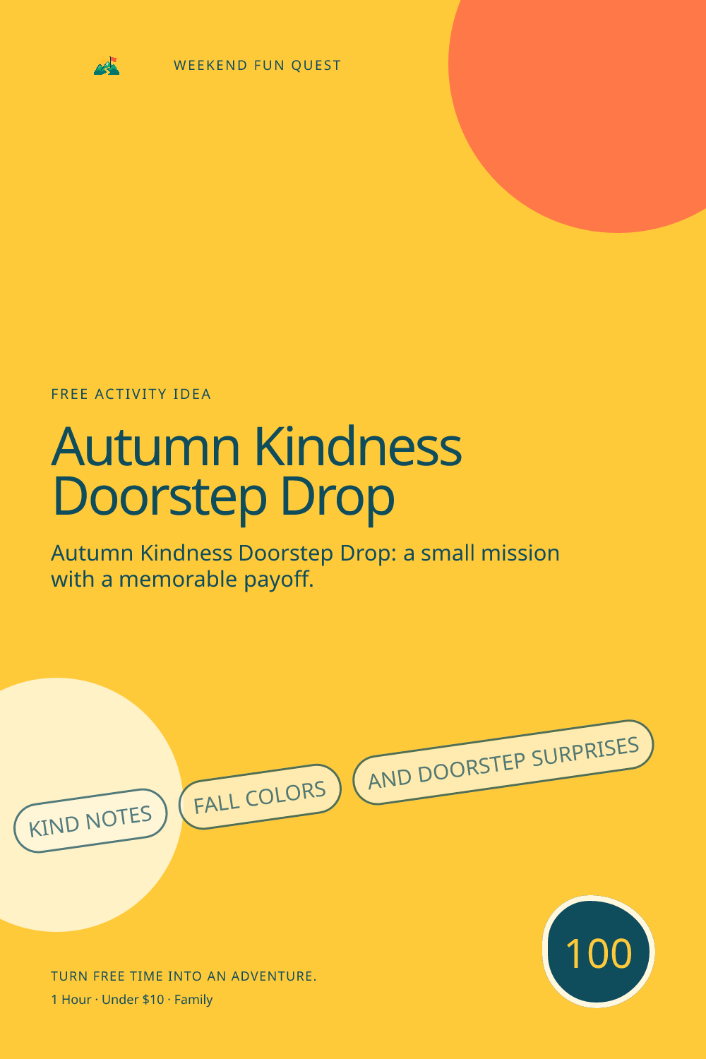 Vertical Pinterest activity illustration for autumn kindness doorstep drop featuring kind notes, fall colors, and doorstep surprises