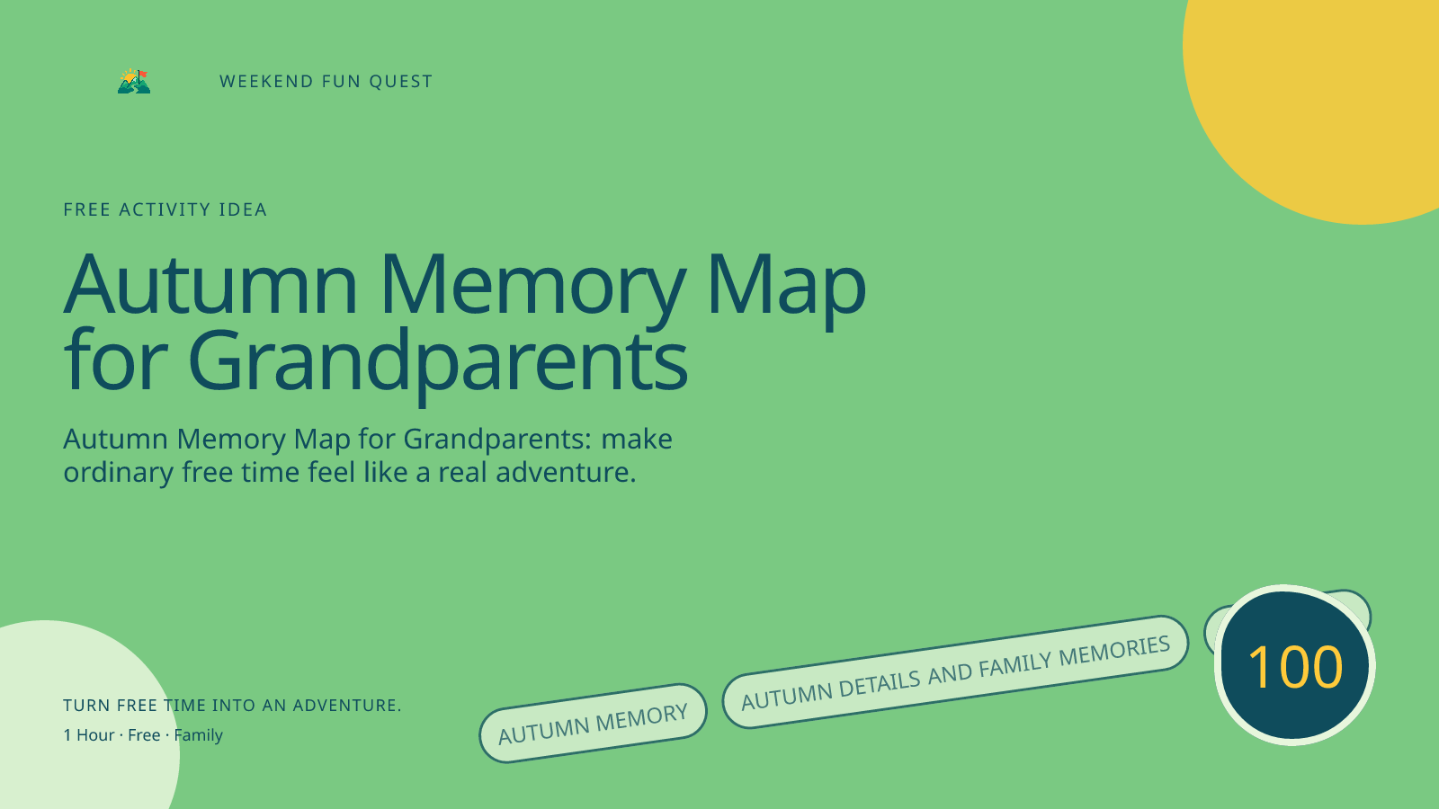 Wide Weekend Fun Quest illustration for autumn memory map for grandparents featuring autumn details and family memories