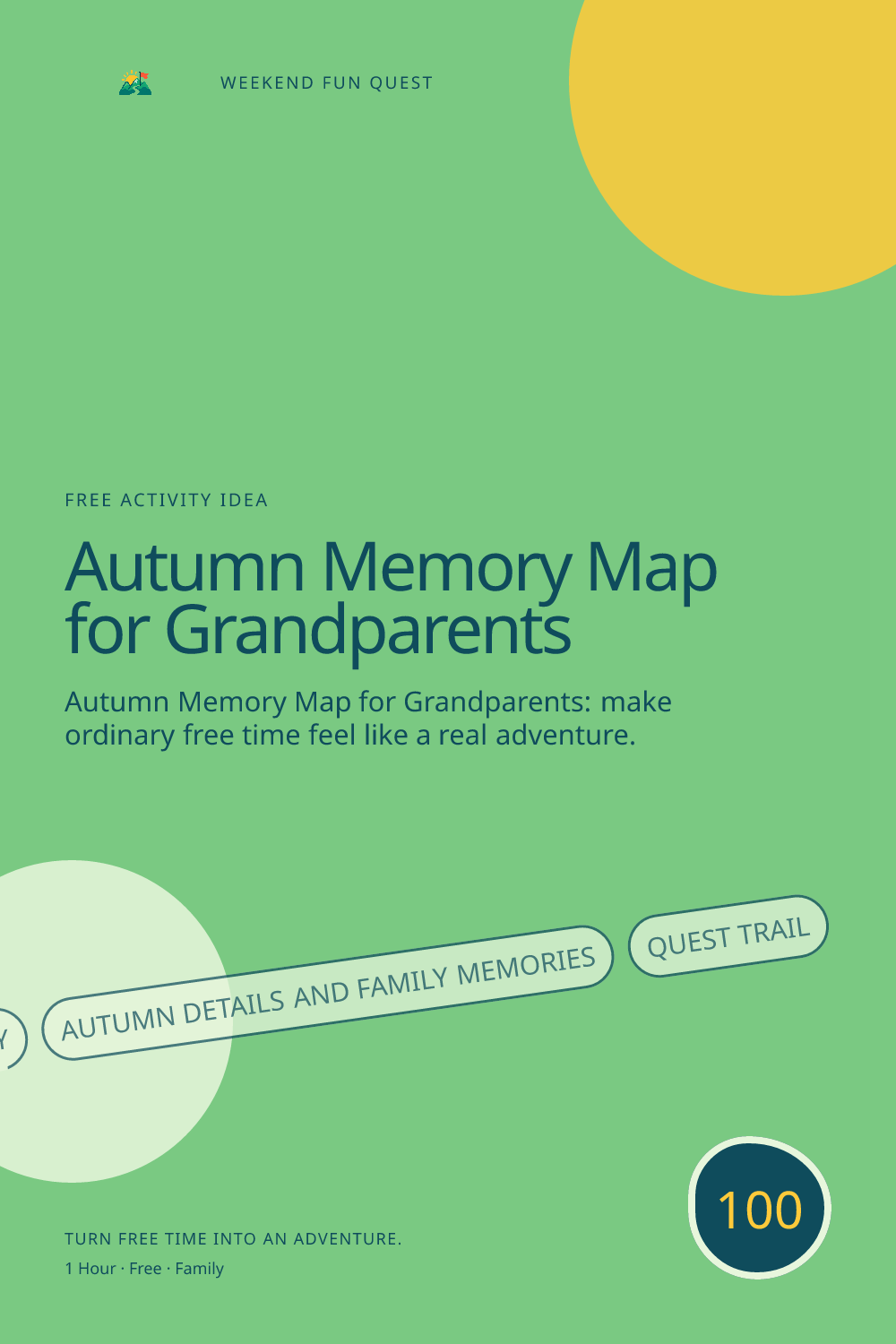 Vertical Pinterest activity illustration for autumn memory map for grandparents featuring autumn details and family memories