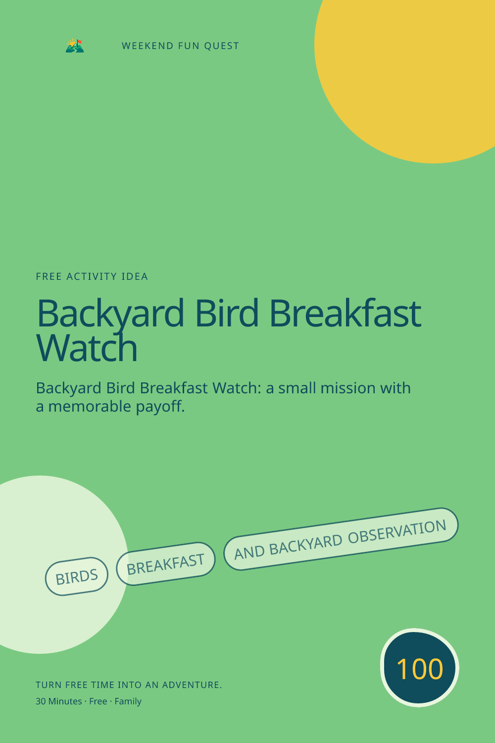 Vertical Pinterest activity illustration for backyard bird breakfast watch featuring birds, breakfast, and backyard observation