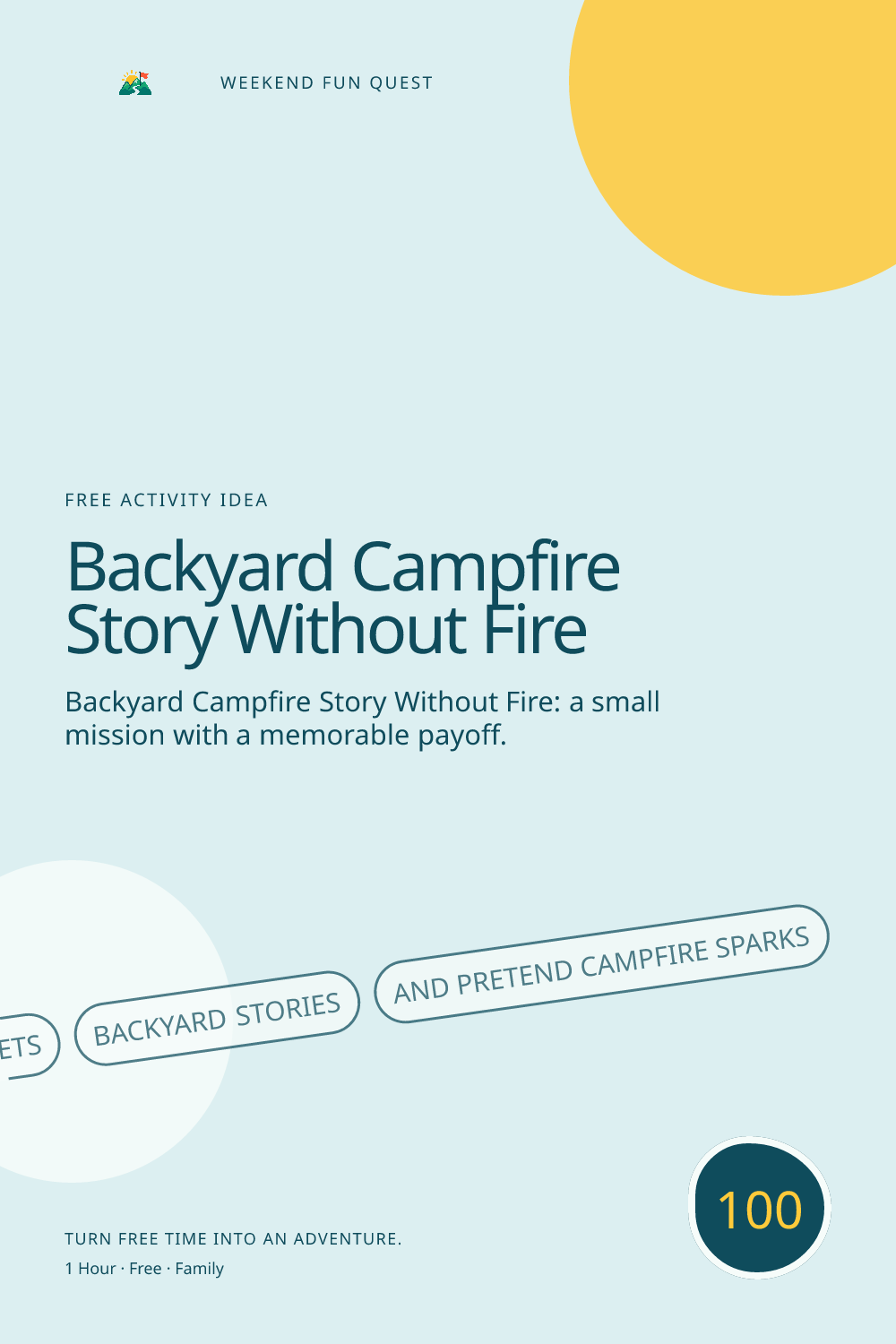 Vertical Pinterest activity illustration for backyard campfire story without fire featuring blankets, backyard stories, and pretend campfire sparks