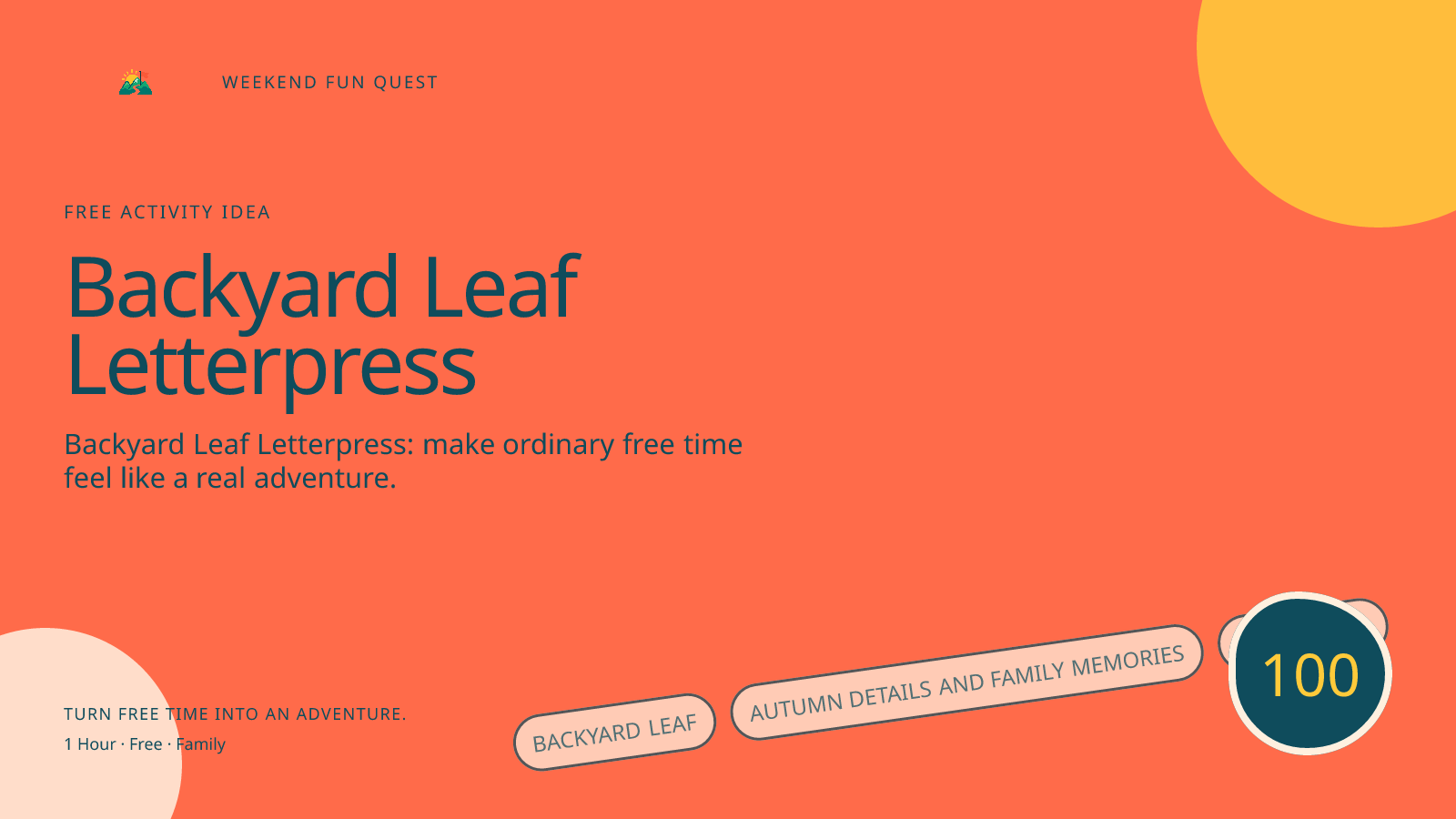 Wide Weekend Fun Quest illustration for backyard leaf letterpress featuring autumn details and family memories
