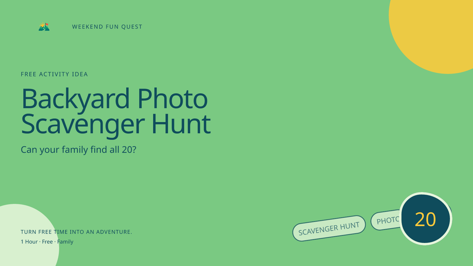 Backyard Photo Scavenger Hunt: wide Quest hero illustration showing scavenger hunt, photo, nature for Weekend Fun Quest