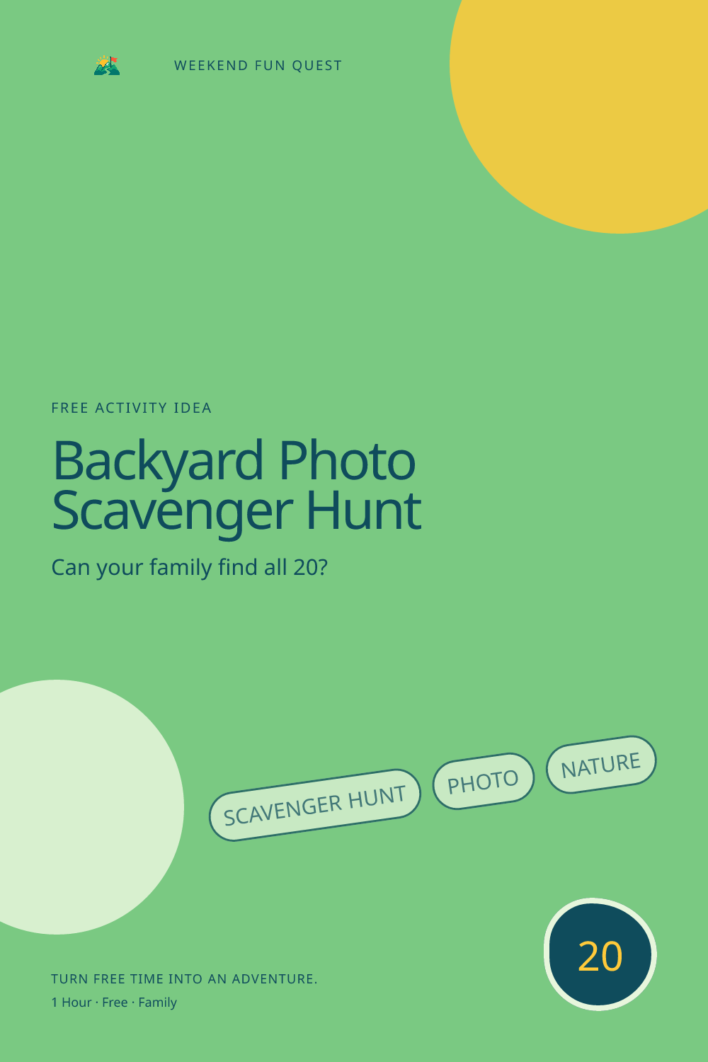 Backyard Photo Scavenger Hunt: vertical Pinterest graphic illustration showing scavenger hunt, photo, nature, quest trail for Weekend Fun Quest