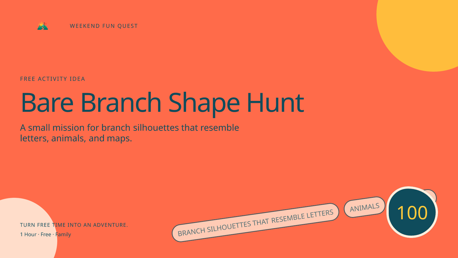 Wide Weekend Fun Quest illustration for bare branch shape hunt featuring branch silhouettes that resemble letters, animals, and maps