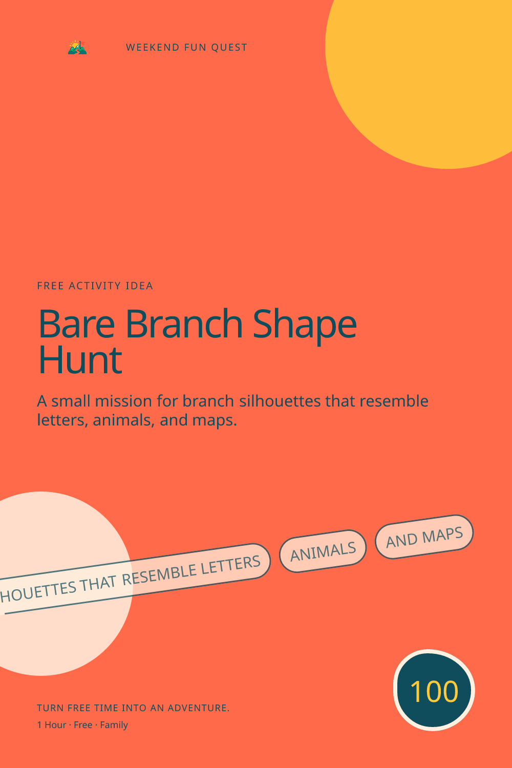 Vertical Pinterest graphic for bare branch shape hunt featuring branch silhouettes that resemble letters, animals, and maps and a quest trail