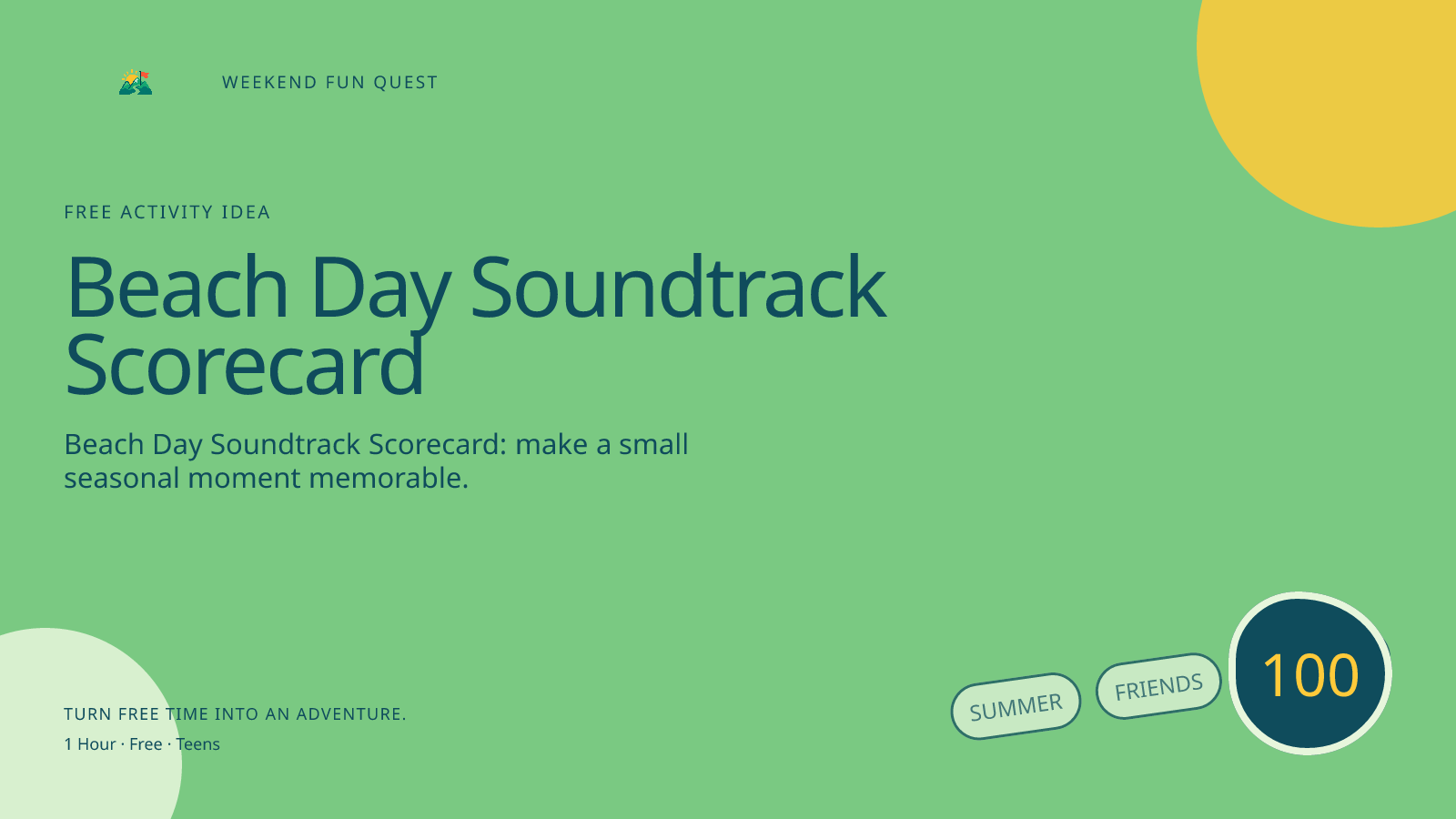 Wide Weekend Fun Quest illustration for beach day soundtrack scorecard featuring make a sound scorecard for waves, gulls, conversations, and wind without recording strangers