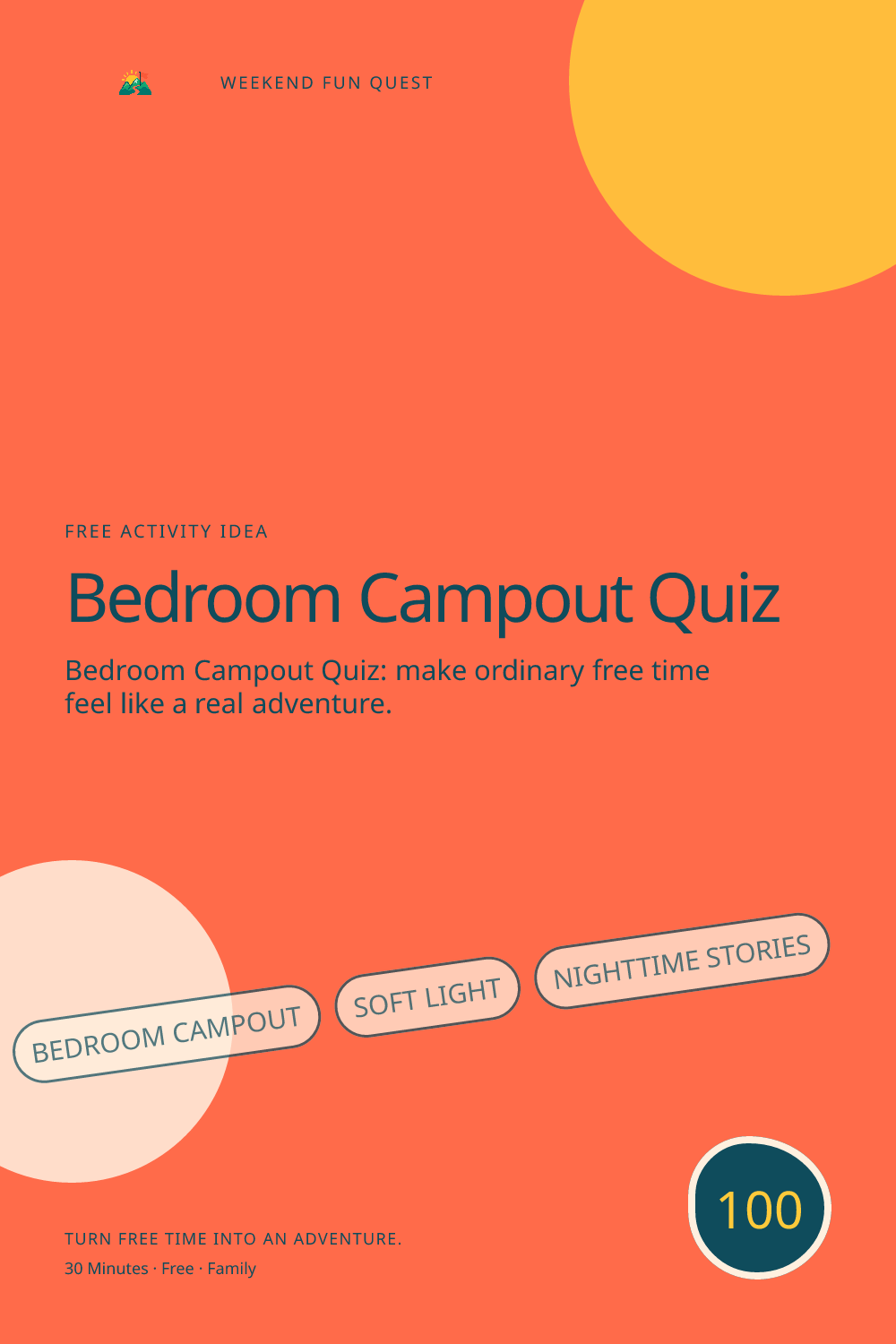 Vertical Pinterest activity illustration for bedroom campout quiz featuring soft light, nighttime stories, and low-key wonder