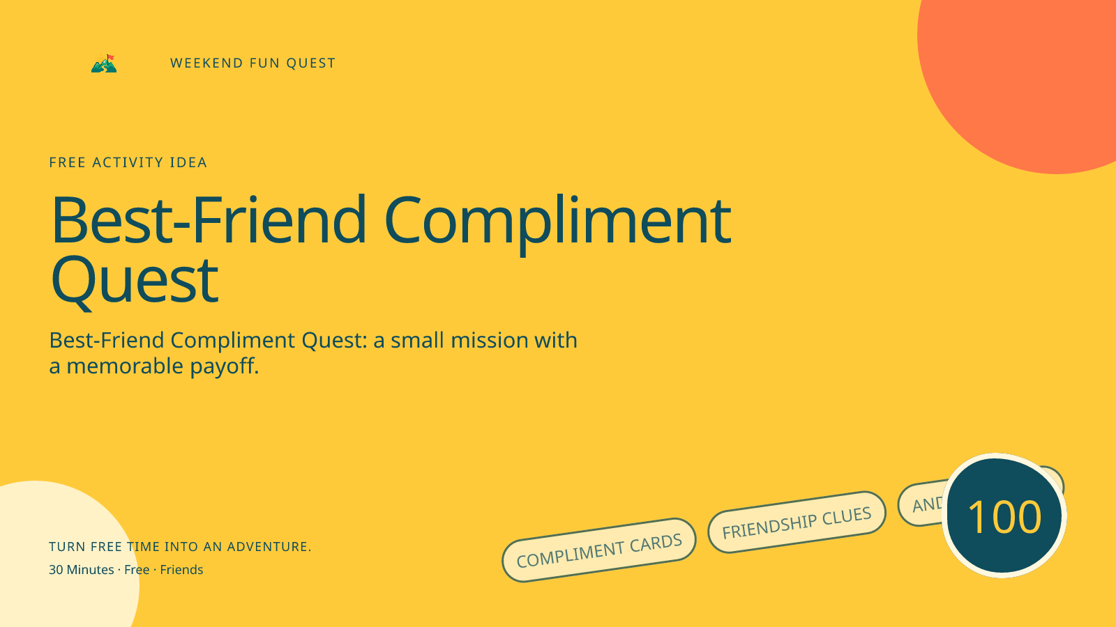 Wide Weekend Fun Quest illustration for best-friend compliment quest featuring compliment cards, friendship clues, and kind notes