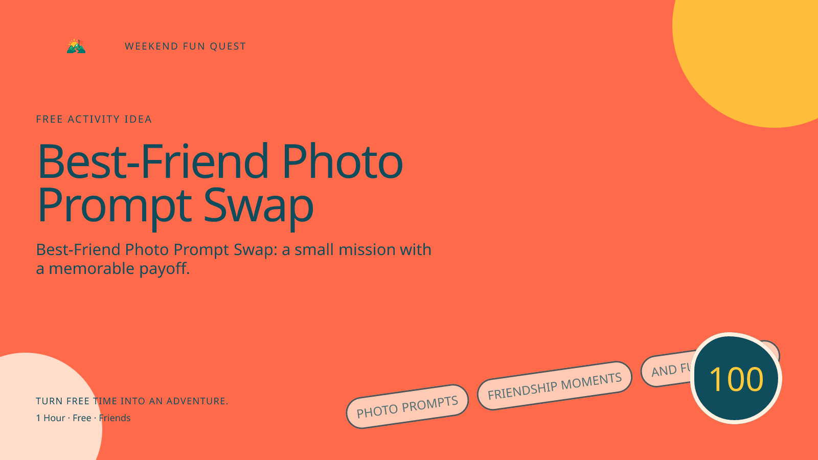 Wide Weekend Fun Quest illustration for best-friend photo prompt swap featuring photo prompts, friendship moments, and funny angles