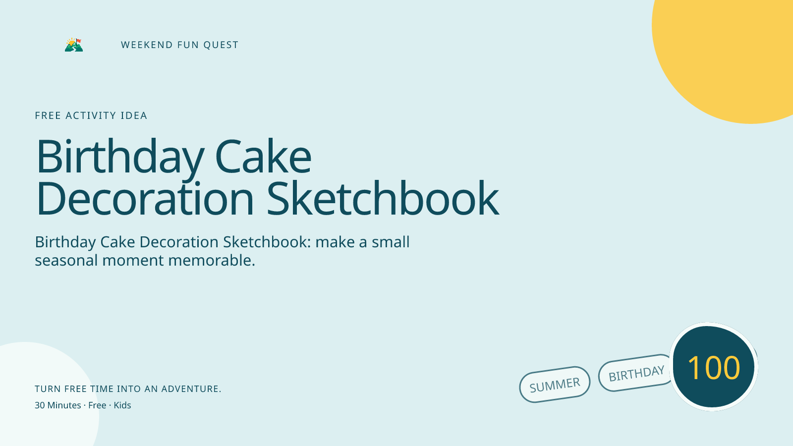 Wide Weekend Fun Quest illustration for birthday cake decoration sketchbook featuring create paper cake sketches so every guest can invent a decoration without food waste