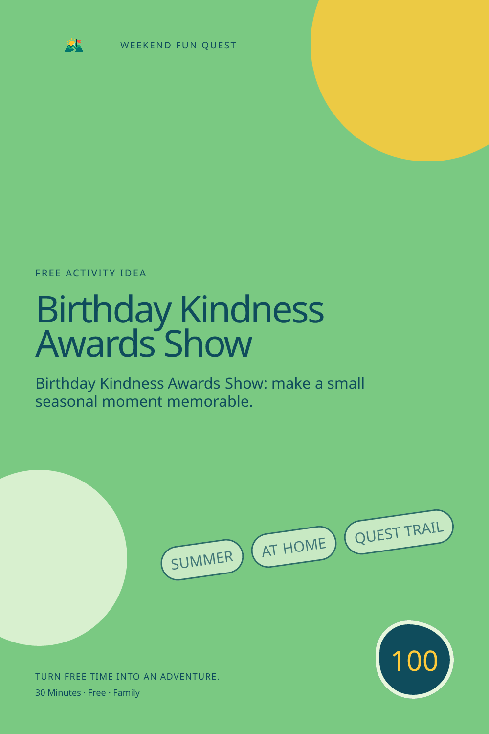 Vertical Pinterest illustration for birthday kindness awards show featuring write playful awards that celebrate helpful, creative, and welcoming moments