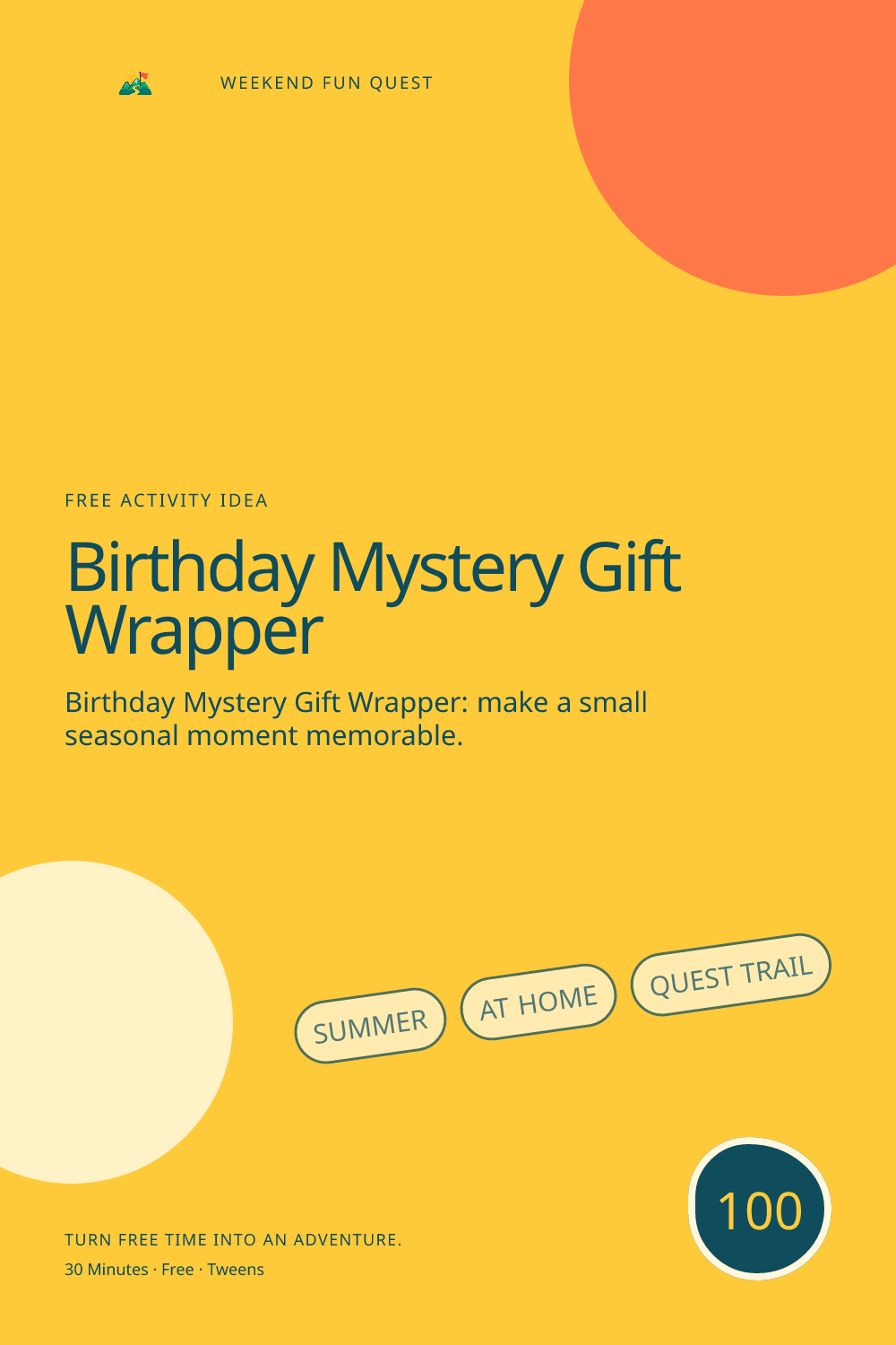 Vertical Pinterest illustration for birthday mystery gift wrapper featuring make clue-based reusable gift wrapping from paper scraps and kind hints