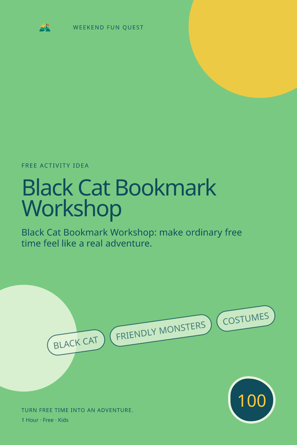Vertical Pinterest activity illustration for black cat bookmark workshop featuring friendly monsters, costumes, and Halloween imagination