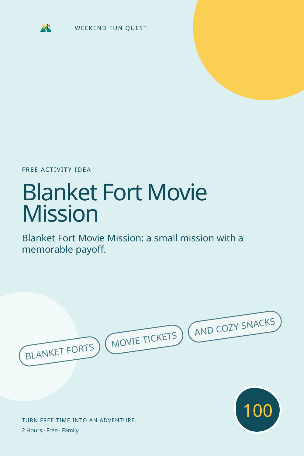 Vertical Pinterest activity illustration for blanket fort movie mission featuring blanket forts, movie tickets, and cozy snacks