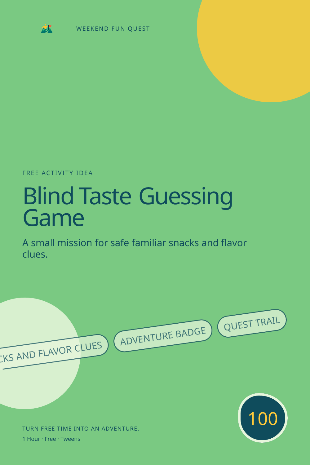 Vertical Pinterest graphic for blind taste guessing game featuring safe familiar snacks and flavor clues and a quest trail