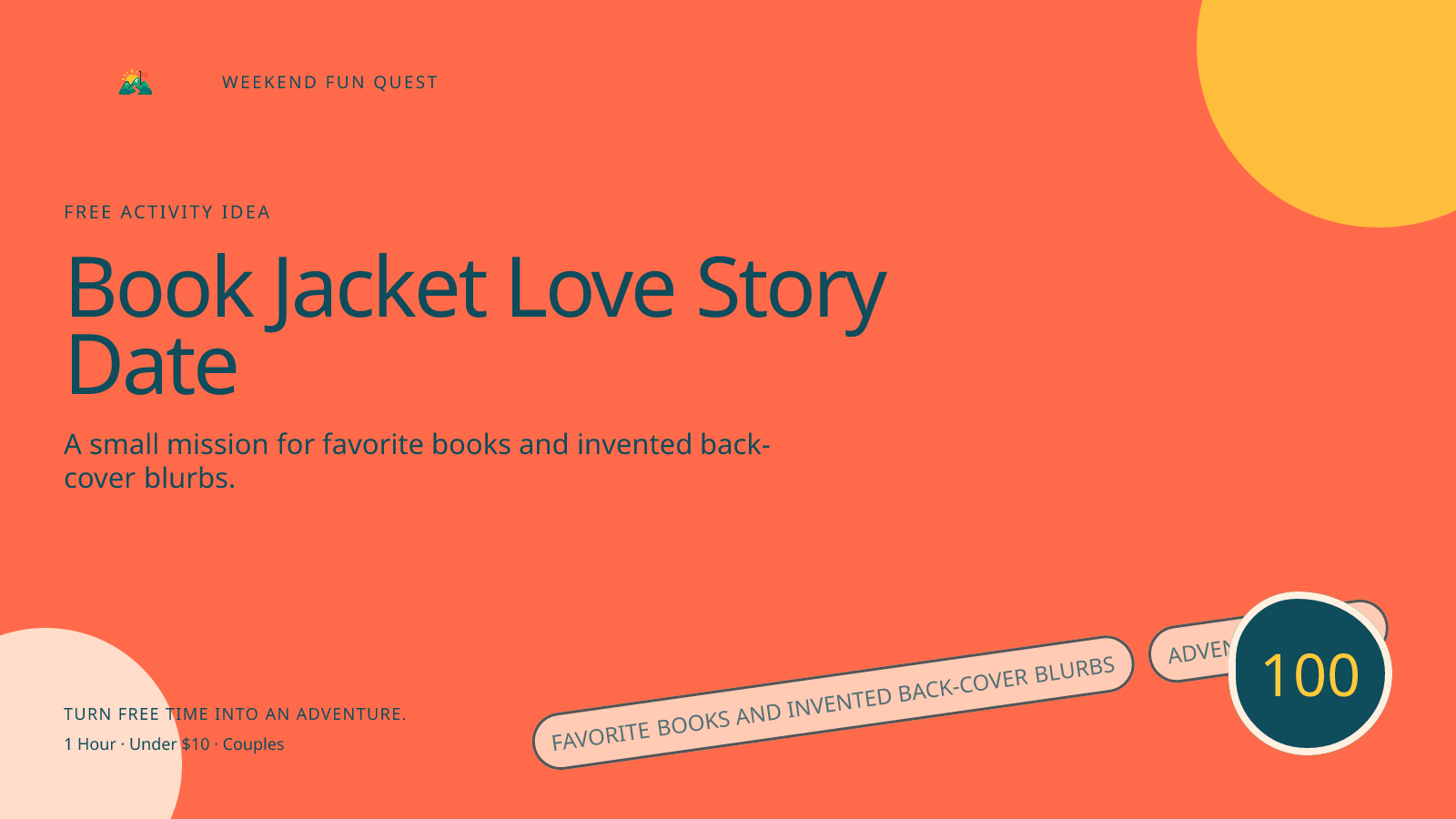 Wide Weekend Fun Quest illustration for book jacket love story date featuring favorite books and invented back-cover blurbs
