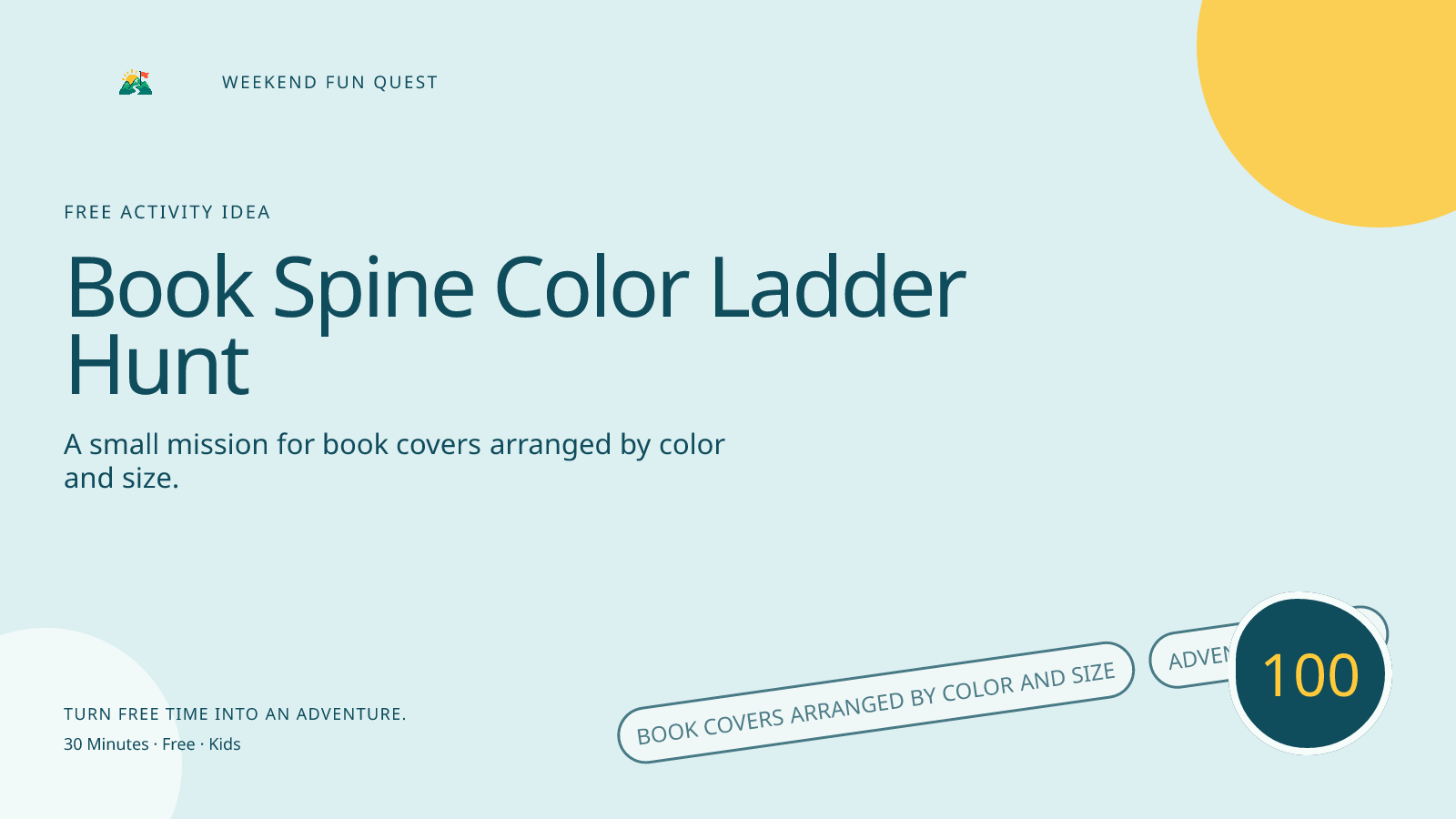 Wide Weekend Fun Quest illustration for book spine color ladder hunt featuring book covers arranged by color and size