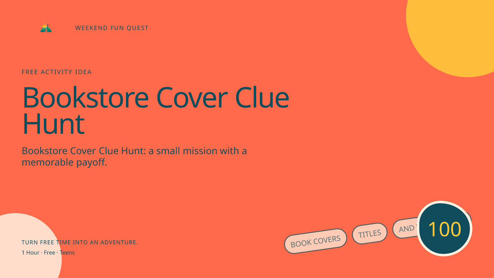 Wide Weekend Fun Quest illustration for bookstore cover clue hunt featuring book covers, titles, and visual clues