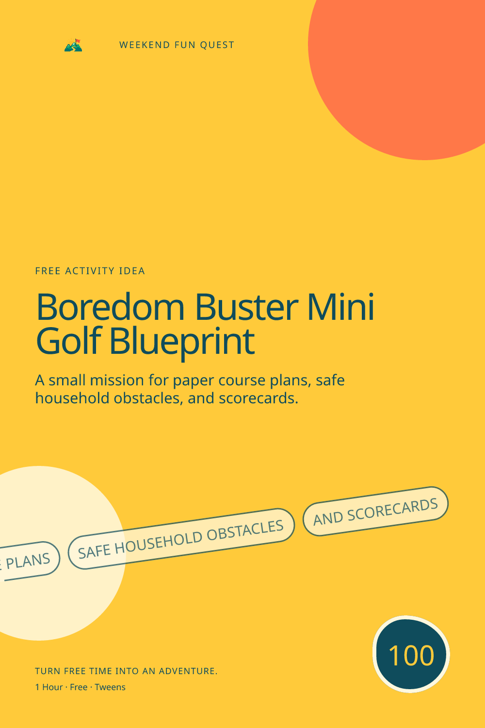 Vertical Pinterest graphic for boredom buster mini golf blueprint featuring paper course plans, safe household obstacles, and scorecards and a quest trail