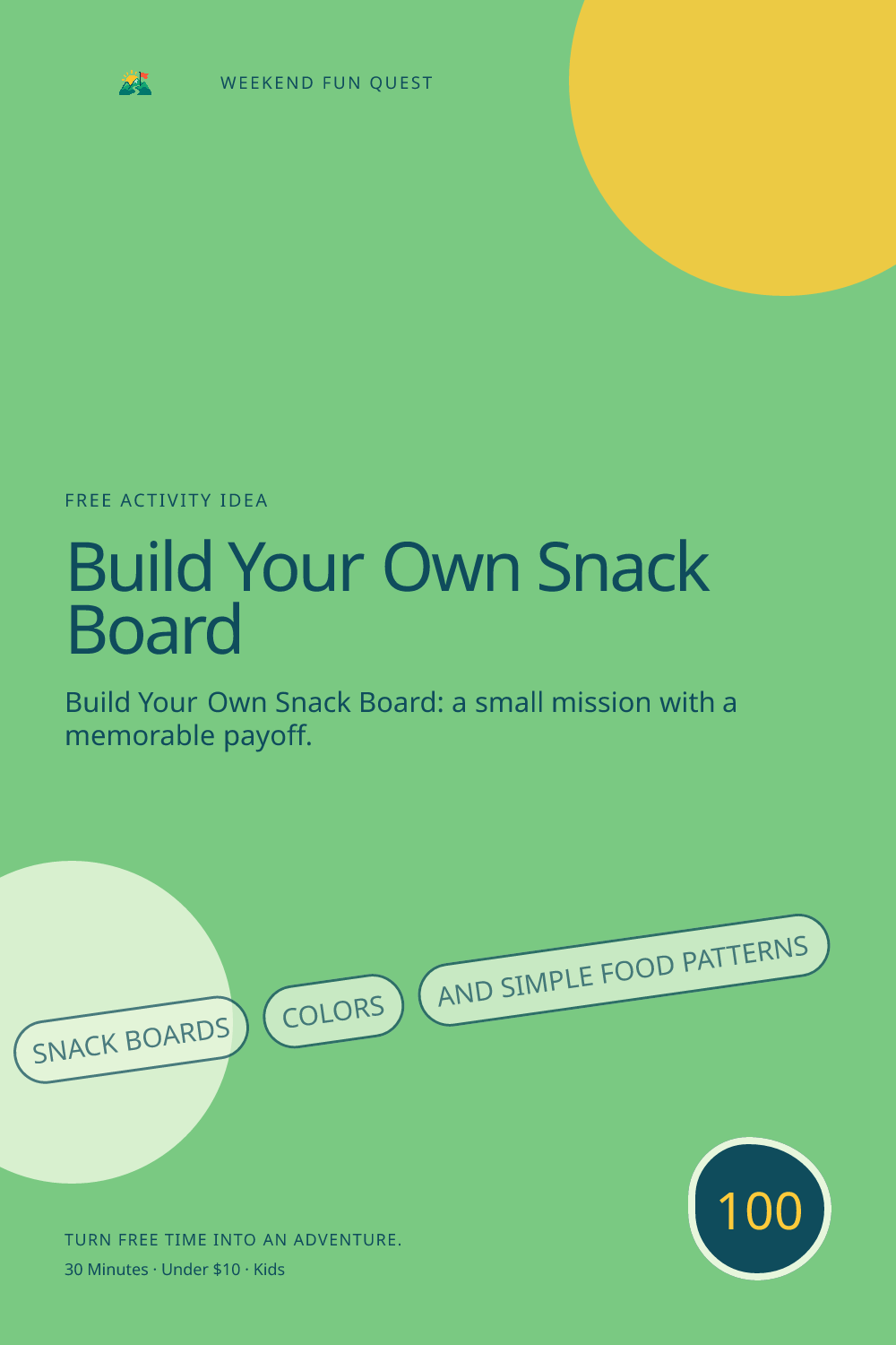 Vertical Pinterest activity illustration for build your own snack board featuring snack boards, colors, and simple food patterns