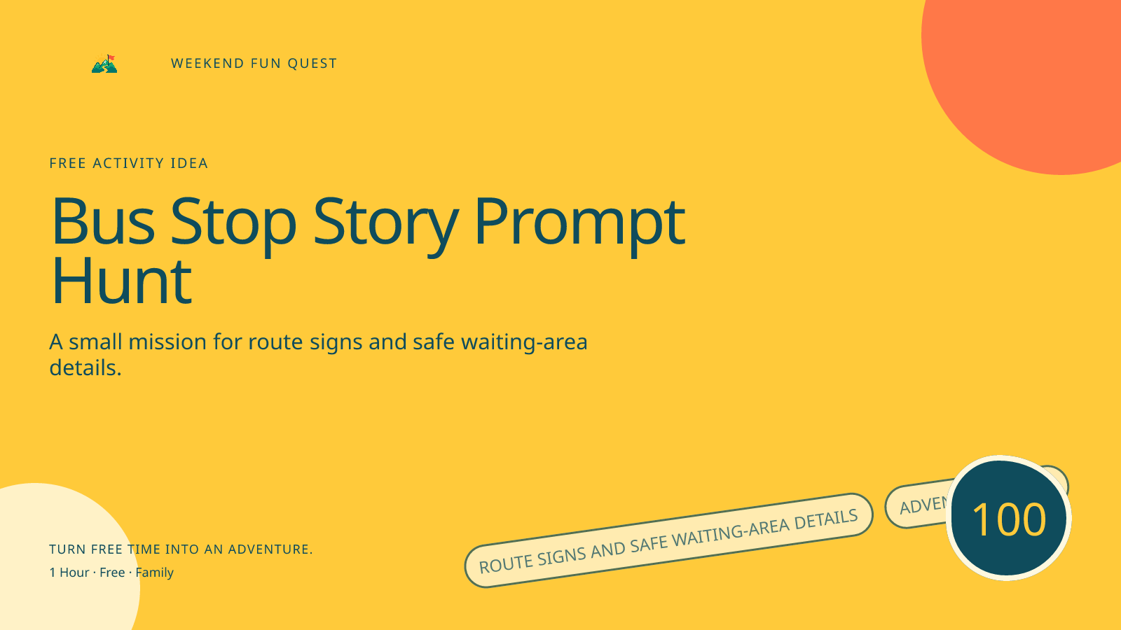 Wide Weekend Fun Quest illustration for bus stop story prompt hunt featuring route signs and safe waiting-area details