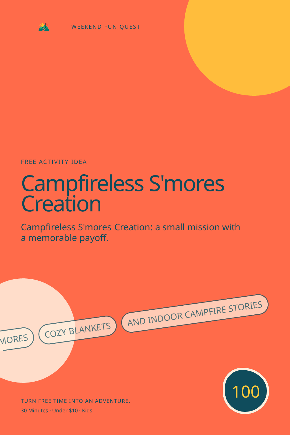 Vertical Pinterest activity illustration for campfireless s'mores creation featuring s'mores, cozy blankets, and indoor campfire stories