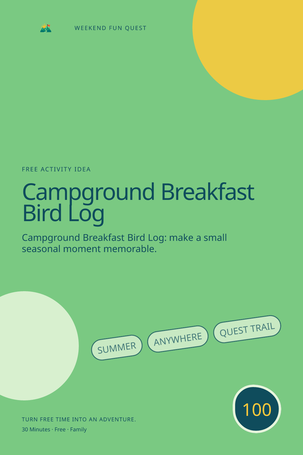 Vertical Pinterest illustration for campground breakfast bird log featuring make a quiet breakfast-time bird log from a supervised campsite