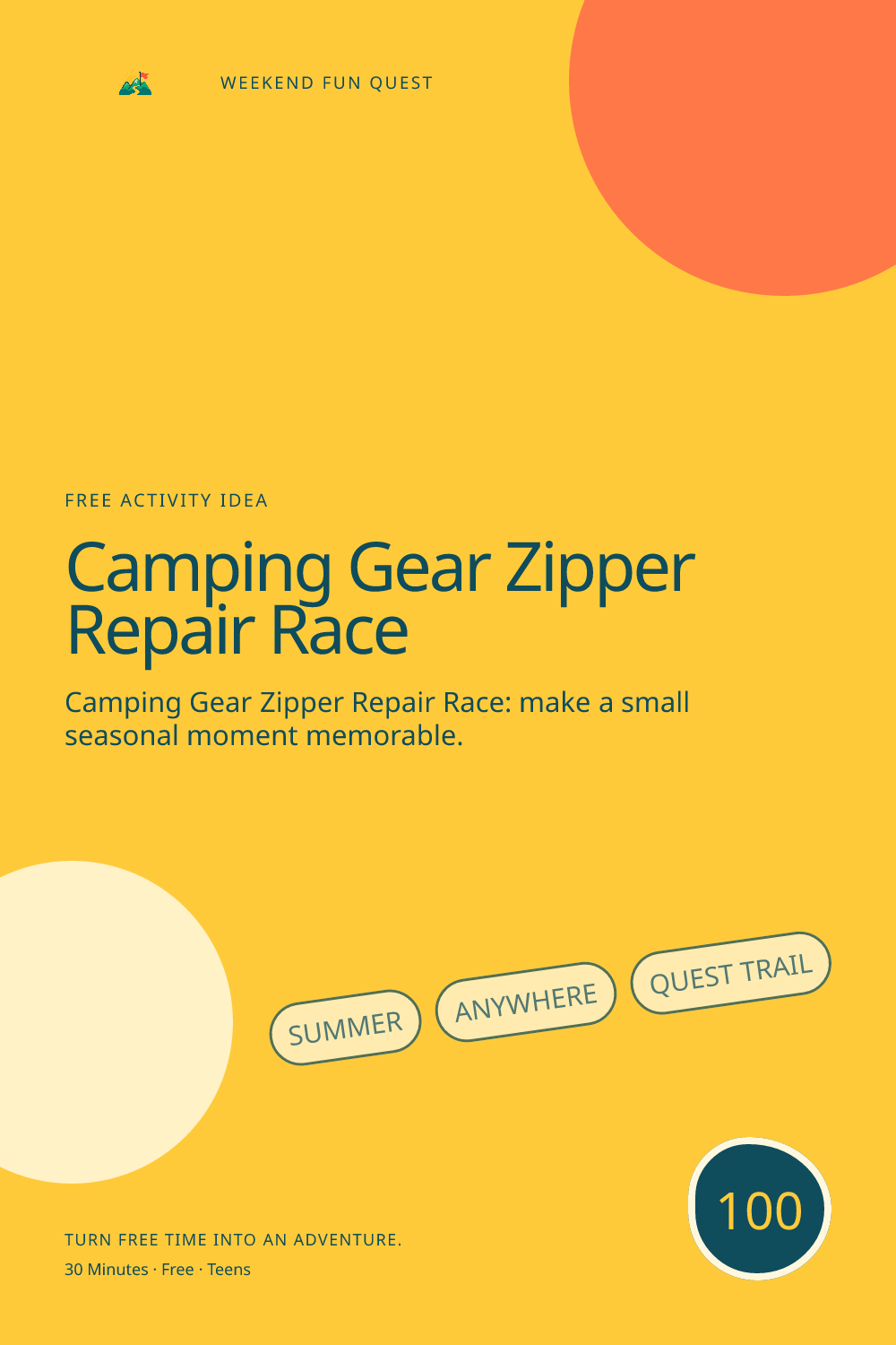 Vertical Pinterest illustration for camping gear zipper repair race featuring learn a calm gear-check routine by sorting safe zipper and packing tasks with an adult
