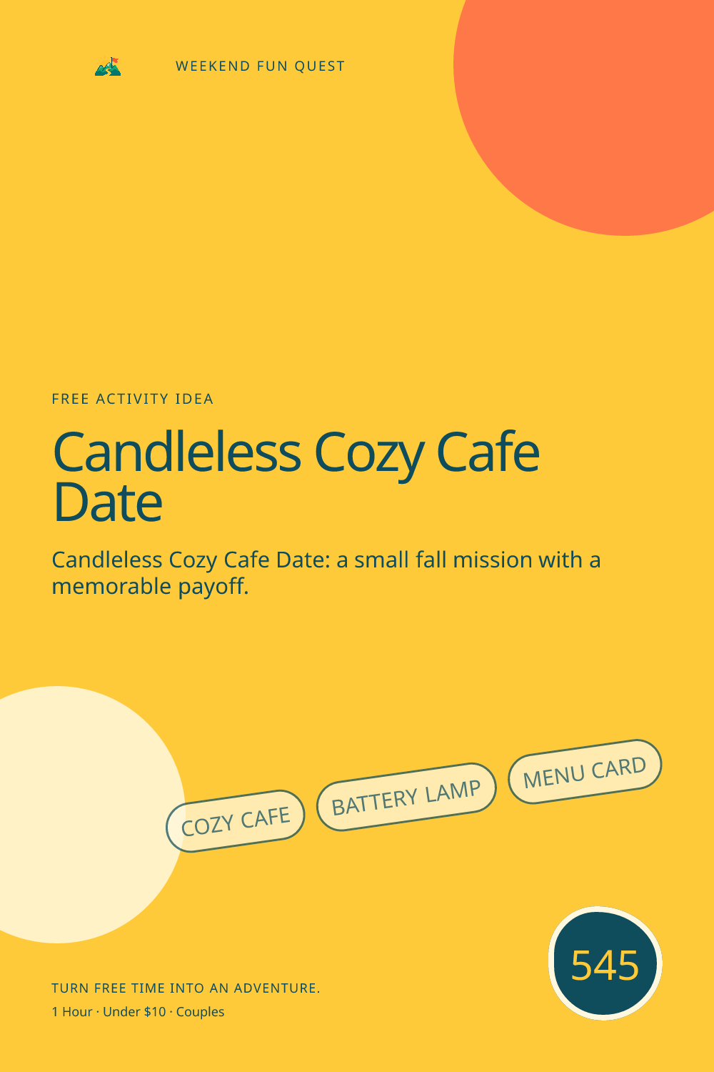 Vertical Pinterest Weekend Fun Quest illustration for candleless cozy cafe date featuring cozy cafe, battery lamp, menu card