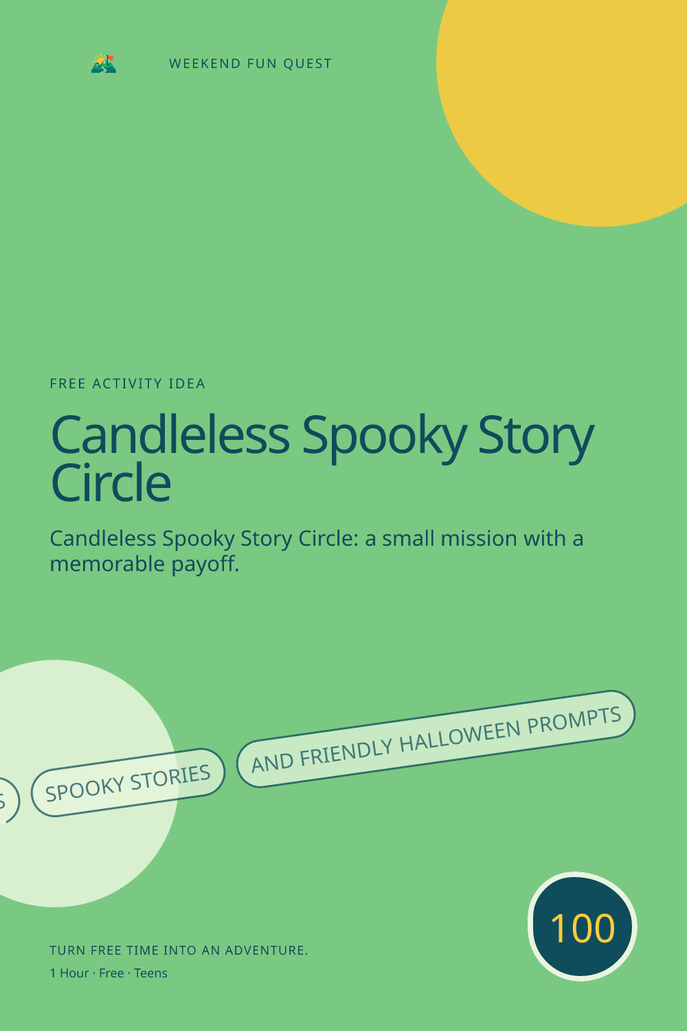 Vertical Pinterest activity illustration for candleless spooky story circle featuring flashlights, spooky stories, and friendly Halloween prompts