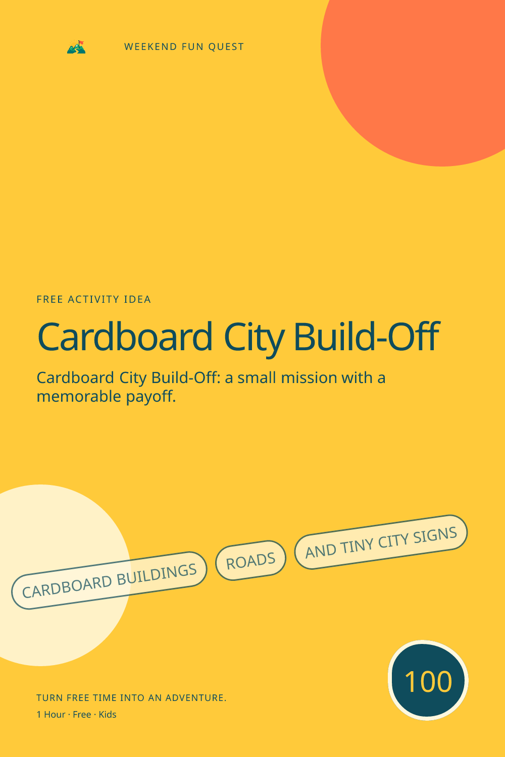 Vertical Pinterest activity illustration for cardboard city build-off featuring cardboard buildings, roads, and tiny city signs