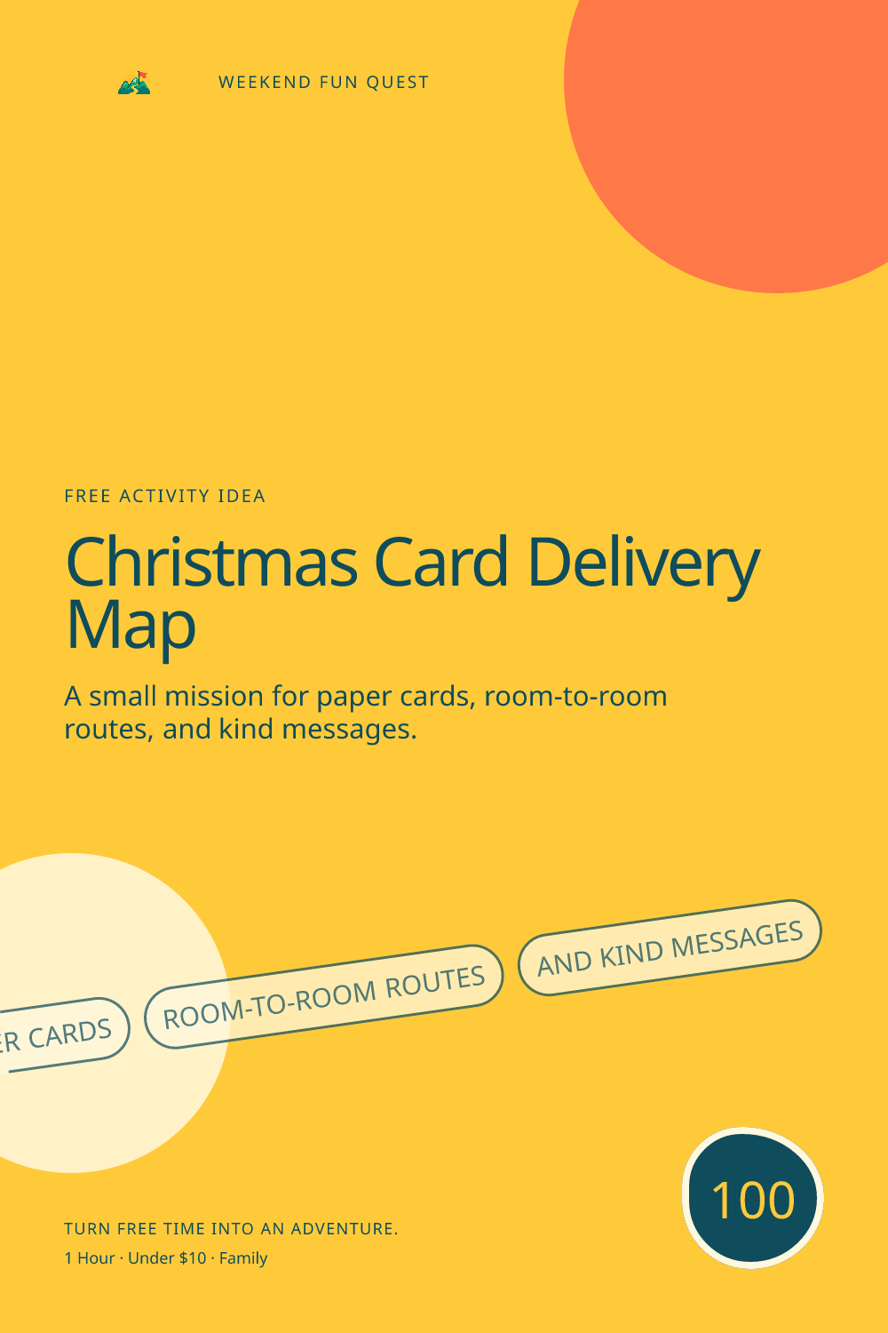 Vertical Pinterest graphic for christmas card delivery map featuring paper cards, room-to-room routes, and kind messages and a quest trail