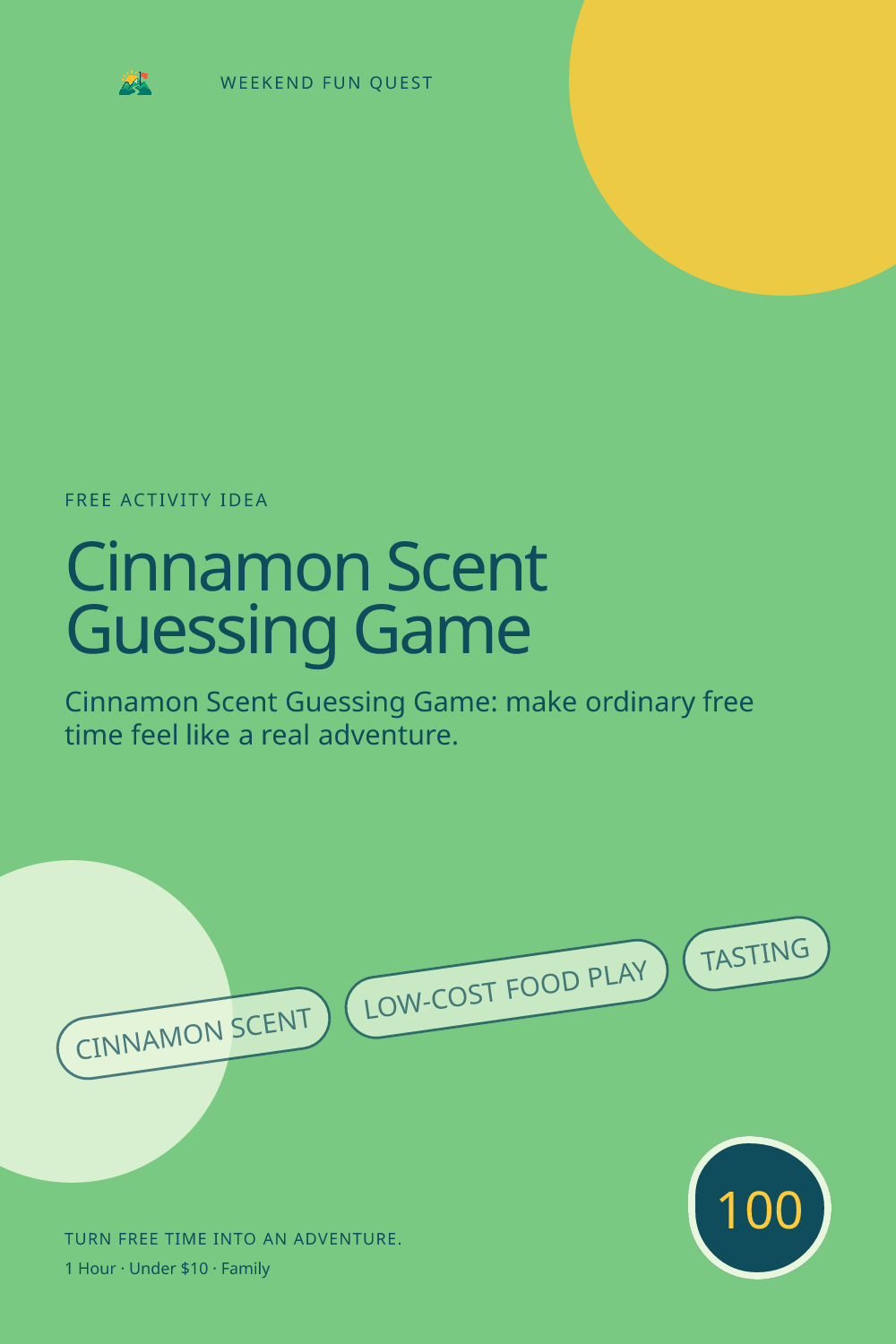 Vertical Pinterest activity illustration for cinnamon scent guessing game featuring low-cost food play, tasting, and thoughtful kitchen roles